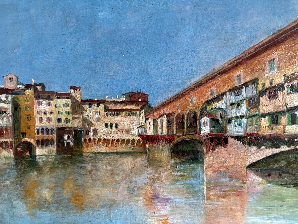Vers 1920, Paysage italien: le Ponte Vecchio de Florence, Italie, huile-photo-1