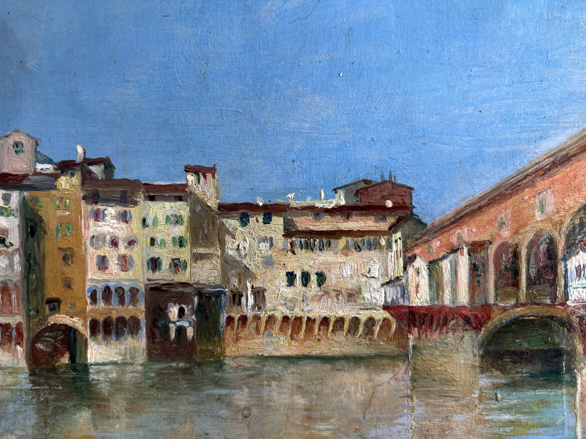 Vers 1920, Paysage italien: le Ponte Vecchio de Florence, Italie, huile-photo-3