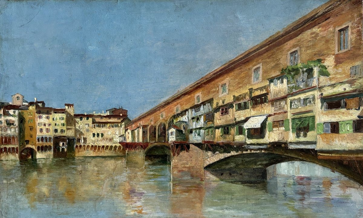 Vers 1920, Paysage italien: le Ponte Vecchio de Florence, Italie, huile