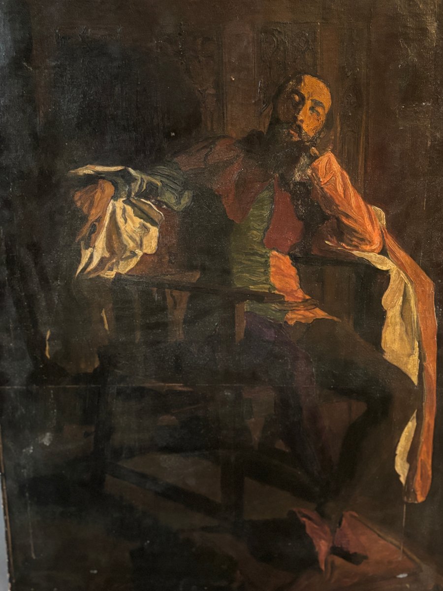 Attribué à Alfred Dehodencq (1822-1882), Portrait d'homme ou Acteur troubadour, huile sur toile-photo-3