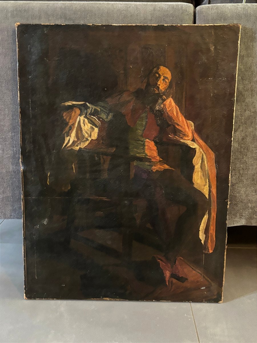 Attribué à Alfred Dehodencq (1822-1882), Portrait d'homme ou Acteur troubadour, huile sur toile-photo-4