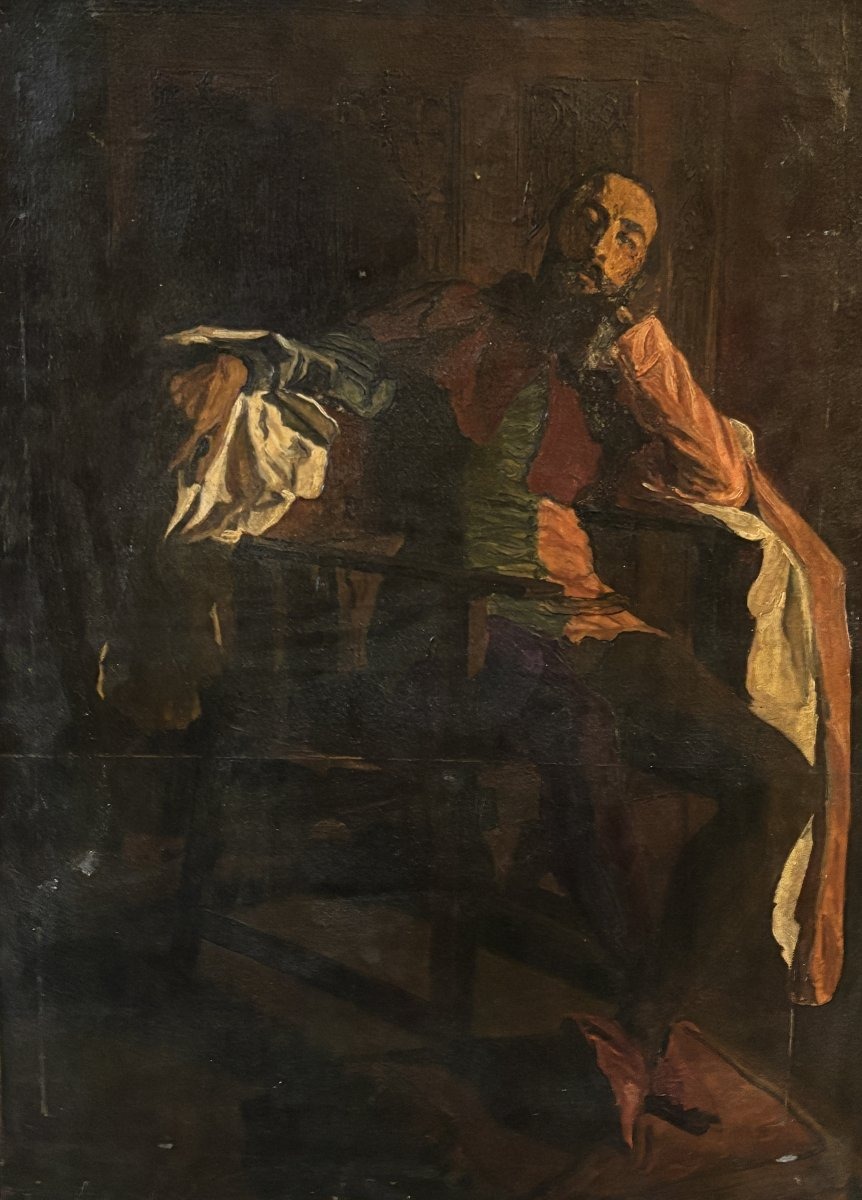 Attribué à Alfred Dehodencq (1822-1882), Portrait d'homme ou Acteur troubadour, huile sur toile