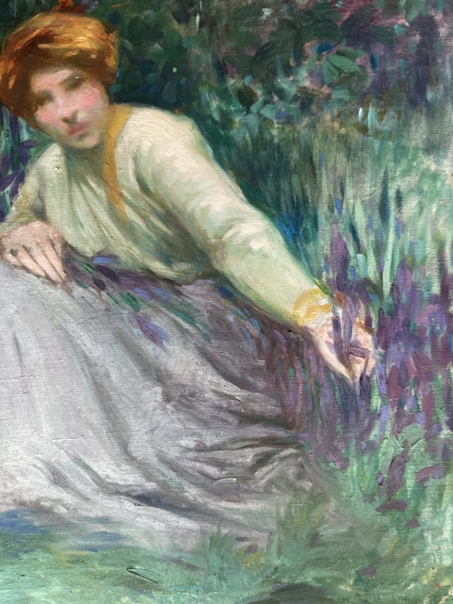 Barthelemy Gabriel Azam (peintre Toulousain, début XXe), Femme aux iris ou Le Printemps, huile-photo-2