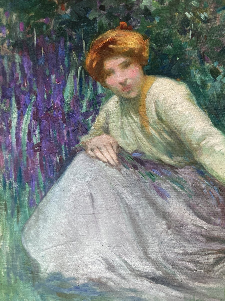 Barthelemy Gabriel Azam (peintre Toulousain, début XXe), Femme aux iris ou Le Printemps, huile-photo-3