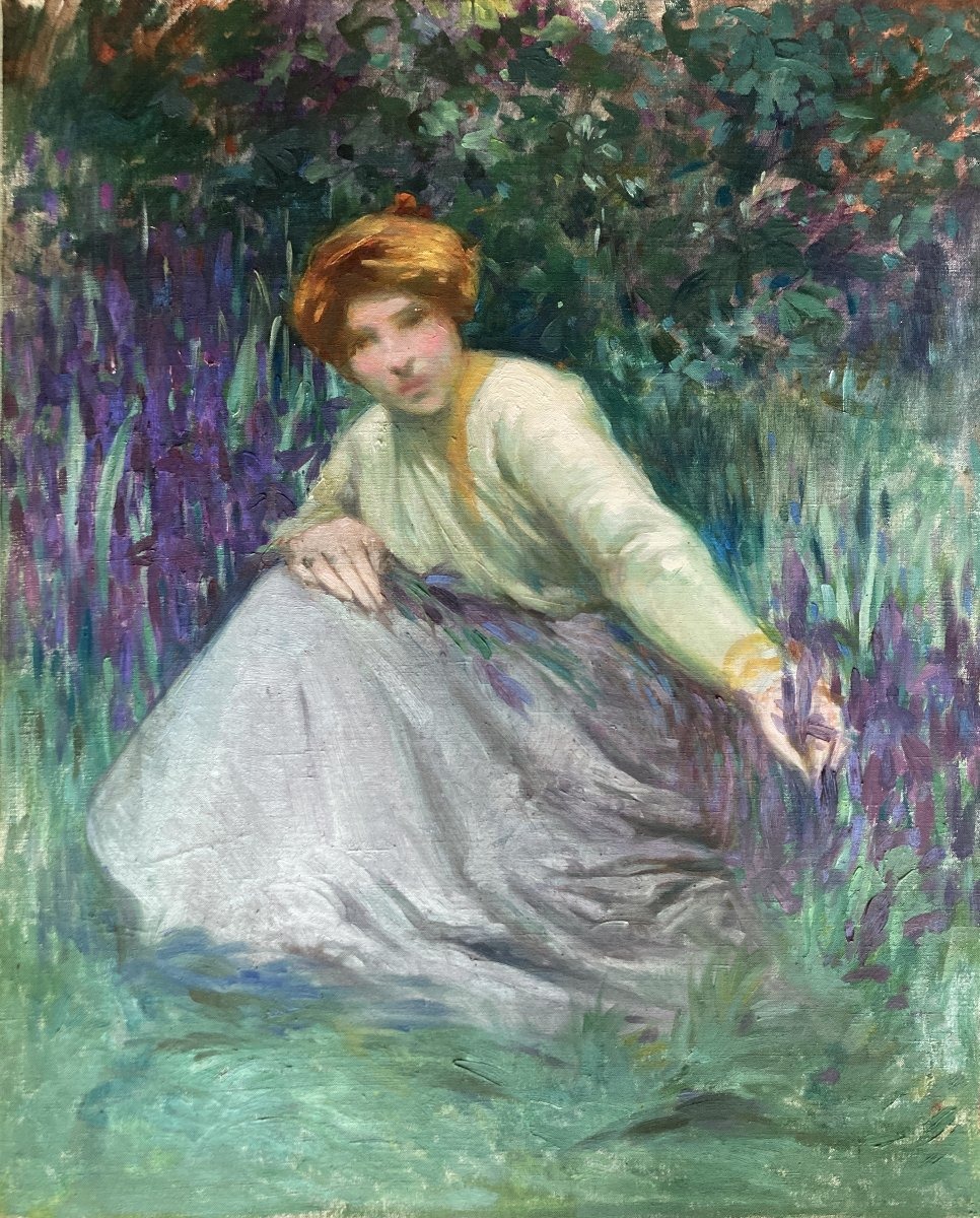 Barthelemy Gabriel Azam (peintre Toulousain, début XXe), Femme aux iris ou Le Printemps, huile-photo-4