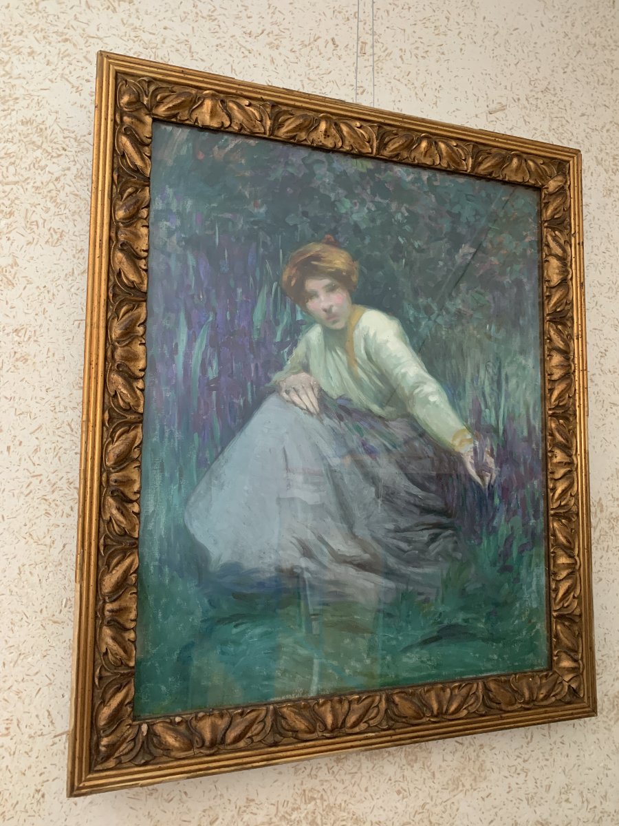 Barthelemy Gabriel Azam (peintre Toulousain, début XXe), Femme aux iris ou Le Printemps, huile-photo-2