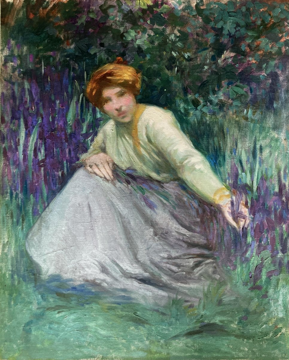 Barthelemy Gabriel Azam (peintre Toulousain, début XXe), Femme aux iris ou Le Printemps, huile