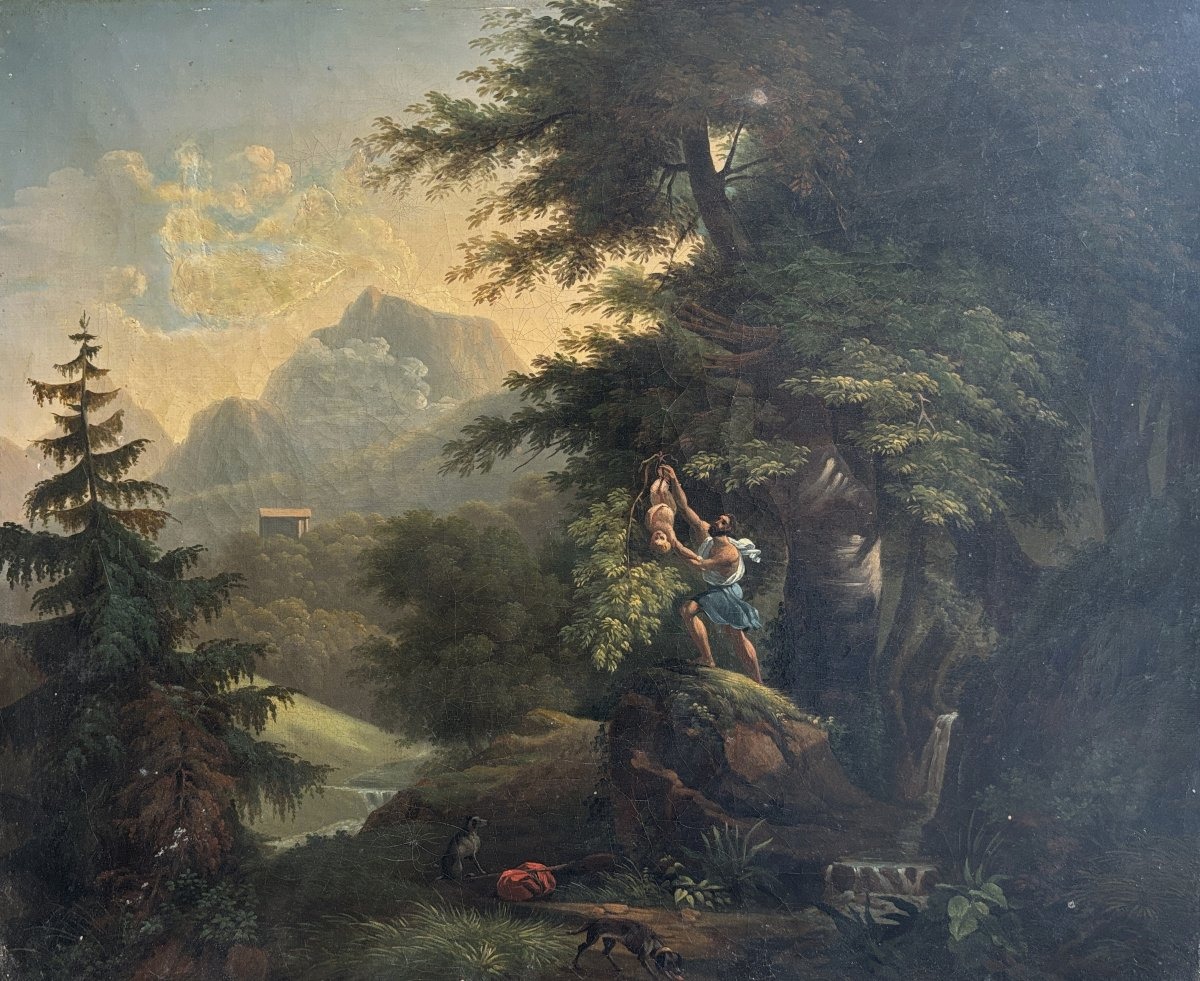 Ecole française néoclassique vers 1830, Paysage: Oedipe enfant détaché de l'arbre par Phorbas