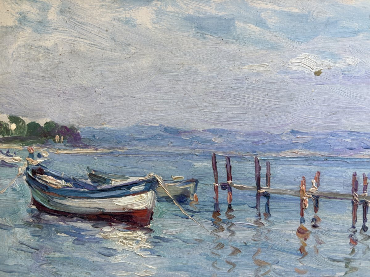 A-F Bonnardel (1864-1942), école lyonnaise, Barques au Brusc, Ile des Embiez dans le Var, huile-photo-2