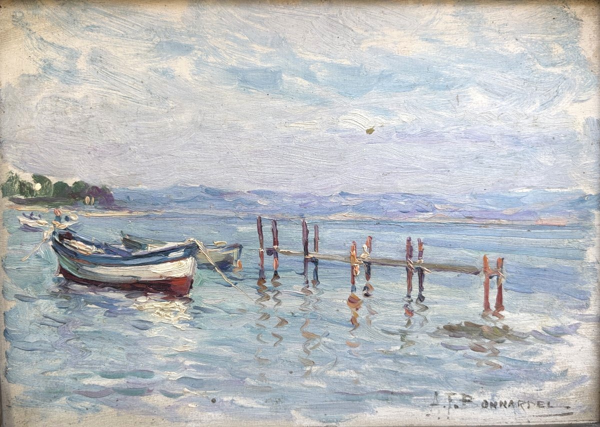 A-F Bonnardel (1864-1942), école lyonnaise, Barques au Brusc, Ile des Embiez dans le Var, huile