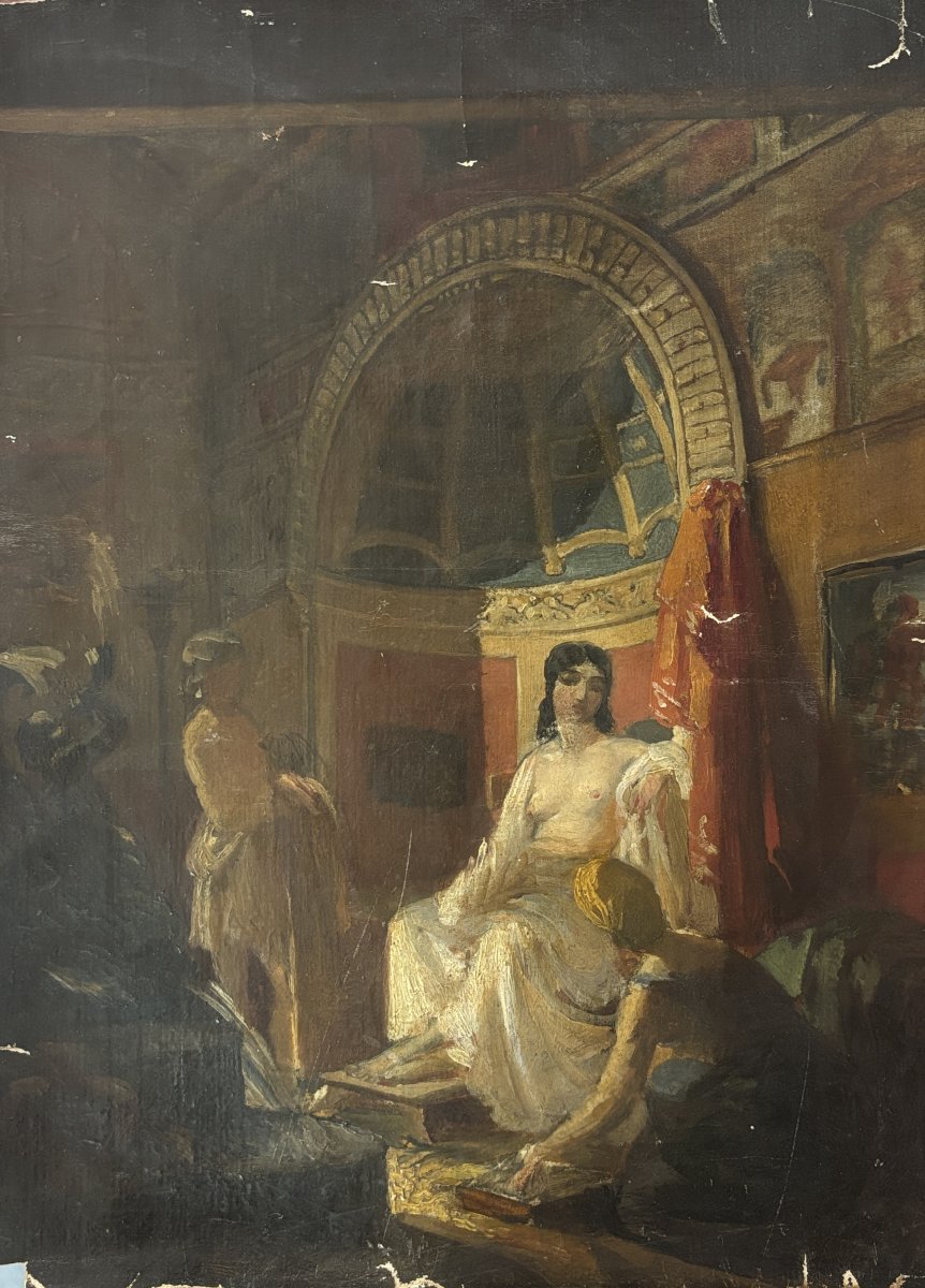 Dans le gout de Benjamin-Constant, vers 1860, Bethsabée au bain, huile sur toile sans châssis-photo-2
