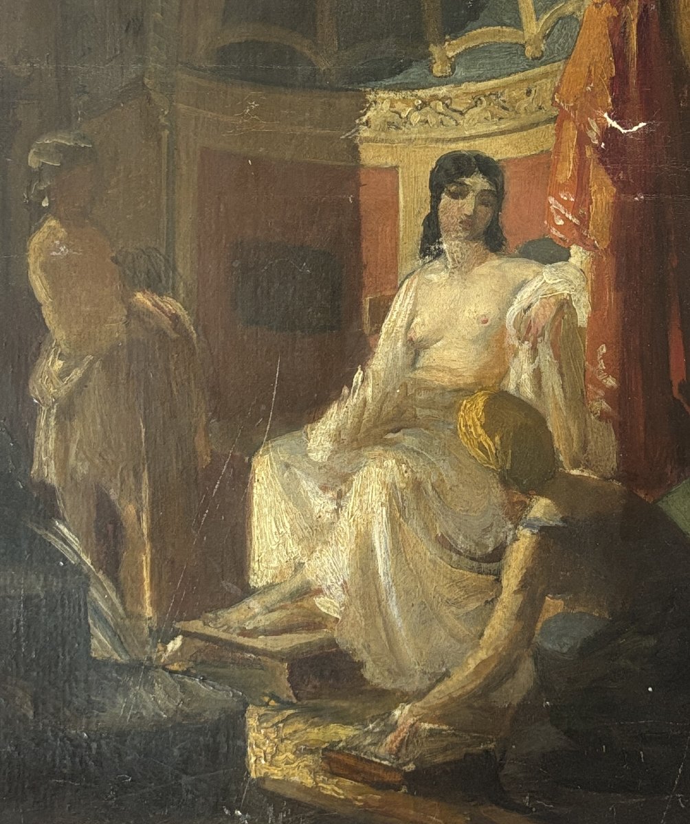 Dans le gout de Benjamin-Constant, vers 1860, Bethsabée au bain, huile sur toile sans châssis-photo-4