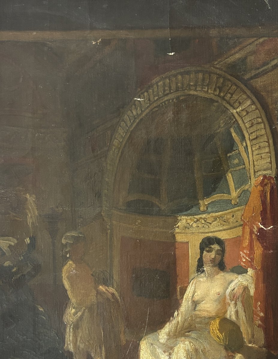 Dans le gout de Benjamin-Constant, vers 1860, Bethsabée au bain, huile sur toile sans châssis-photo-1