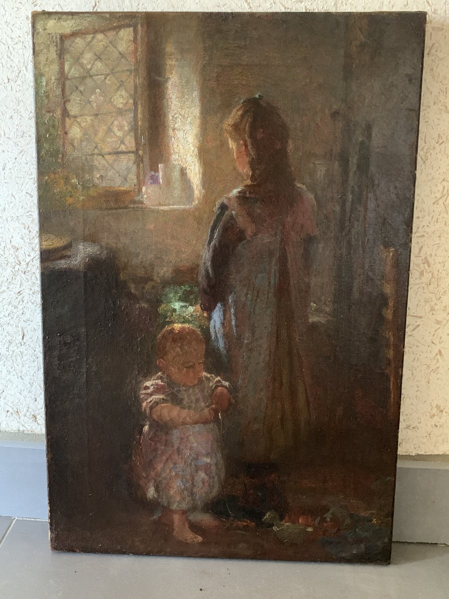 Frederick Stratton (1870–1960), Woman And Child In An Interior, Oil On Canvas-photo-2