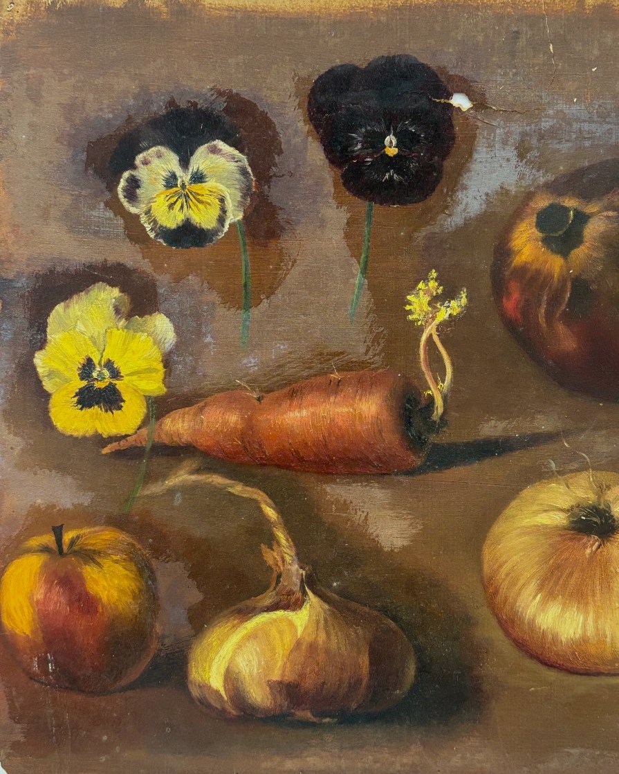 Ecole française de la fin du XIXe siècle, lot de cinq huiles sur papier: légumes et végétaux-photo-2