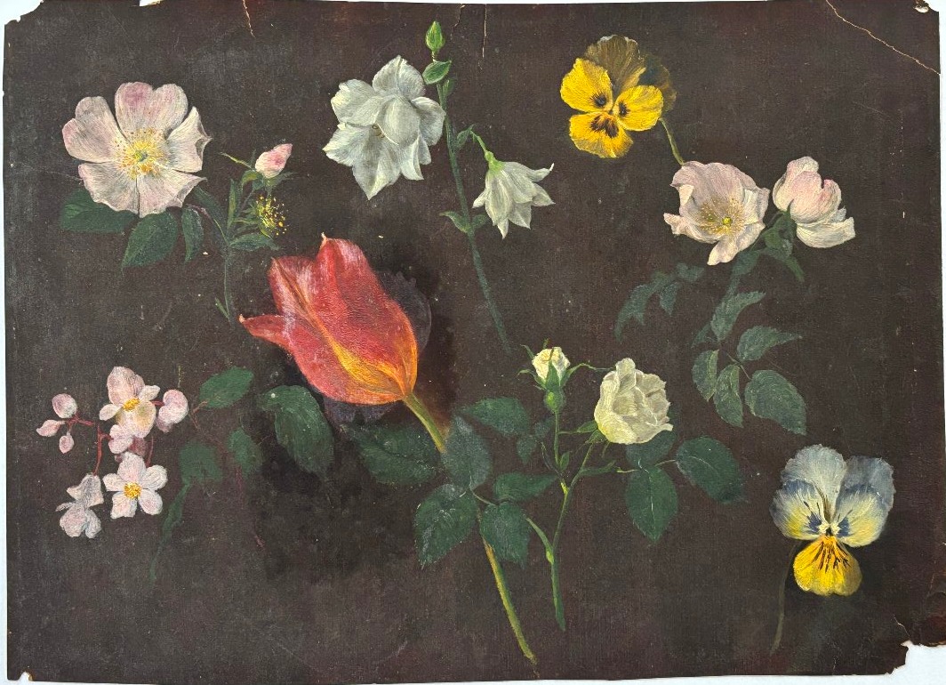 Ecole française de la fin du XIXe siècle, lot de cinq huiles sur papier: légumes et végétaux-photo-1