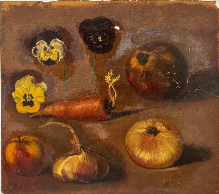 Ecole française de la fin du XIXe siècle, lot de cinq huiles sur papier: légumes et végétaux