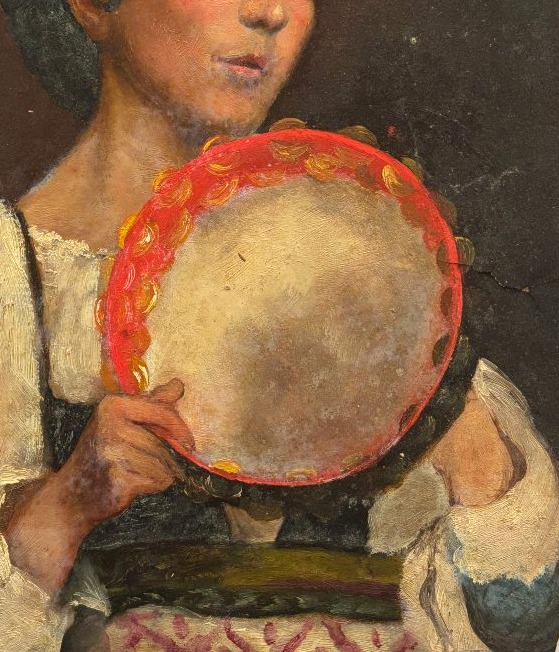 Ecole française de la fin du XIXe siècle, Portrait de femme au tambourin, huile sur papier-photo-3