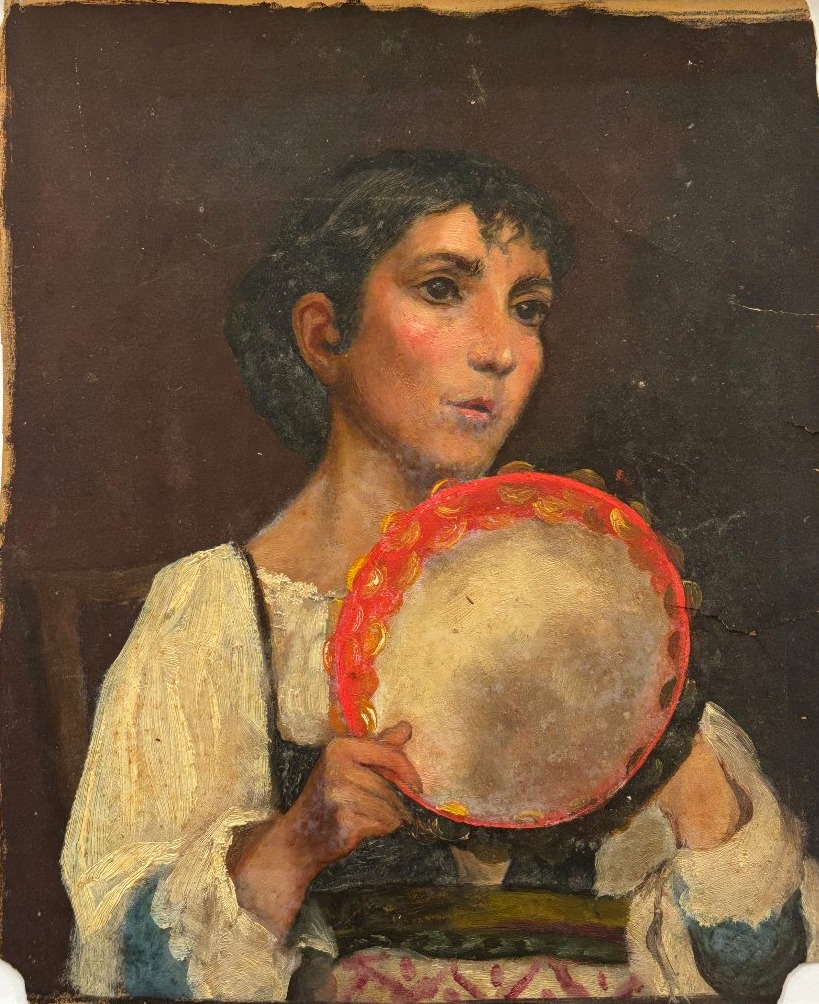 Ecole française de la fin du XIXe siècle, Portrait de femme au tambourin, huile sur papier