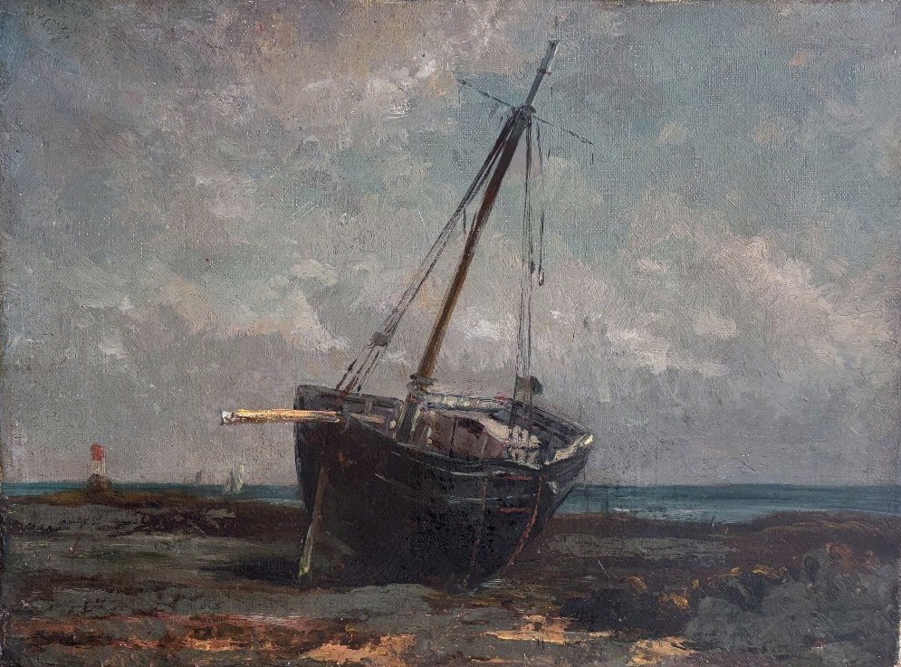 Ecole française du XIXe, Bateau à marée basse dit le "bateau désemparé", huile sur toile-photo-2