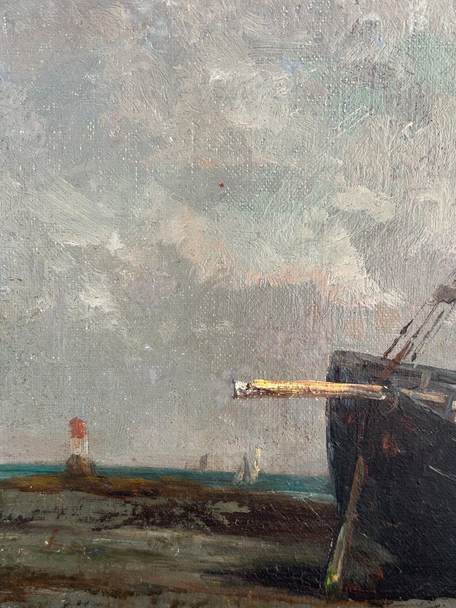 Ecole française du XIXe, Bateau à marée basse dit le "bateau désemparé", huile sur toile-photo-4