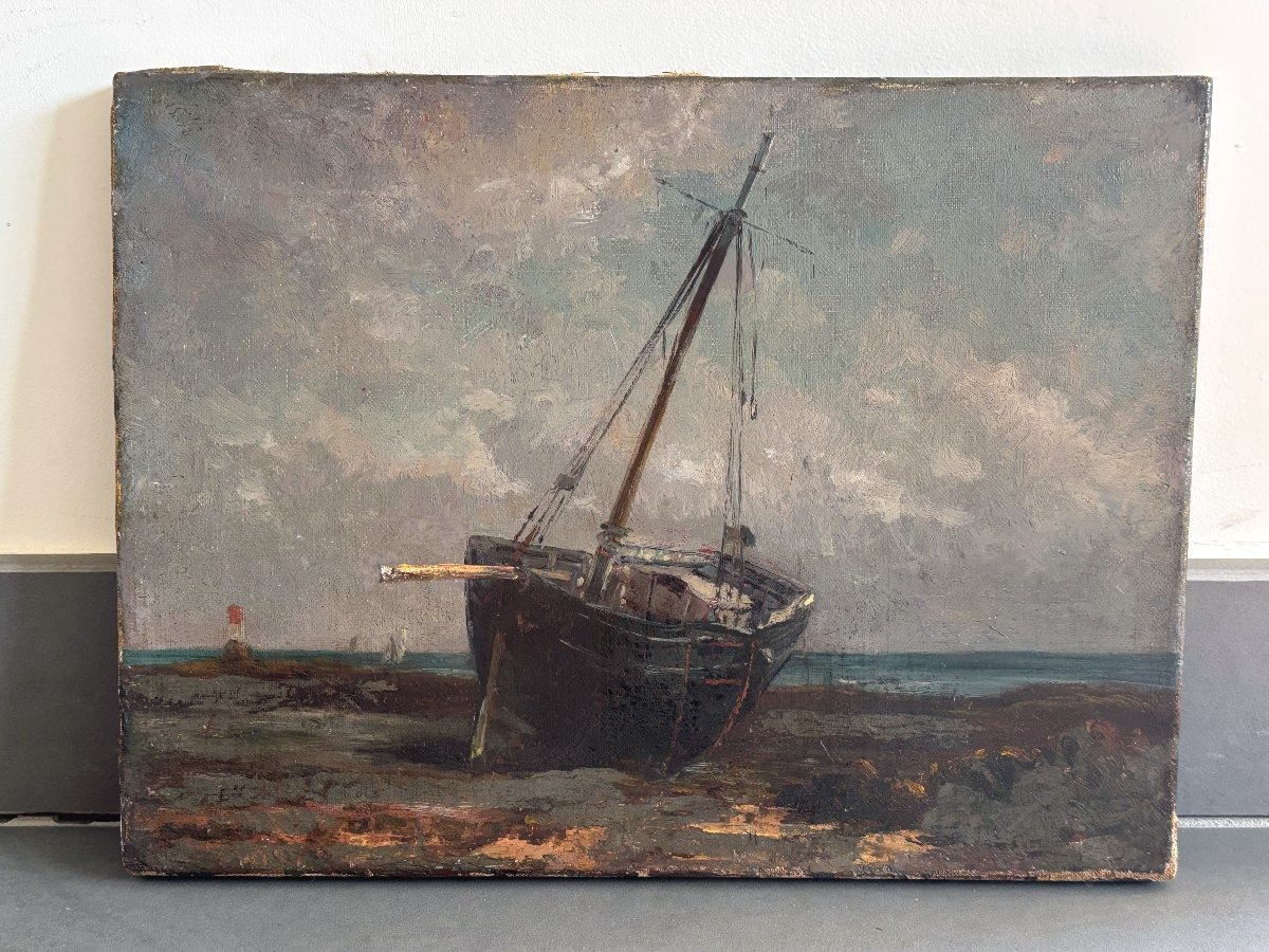 Ecole française du XIXe, Bateau à marée basse dit le "bateau désemparé", huile sur toile-photo-1