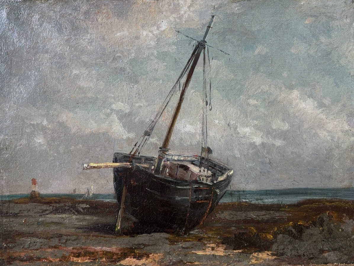 Ecole française du XIXe, Bateau à marée basse dit le "bateau désemparé", huile sur toile