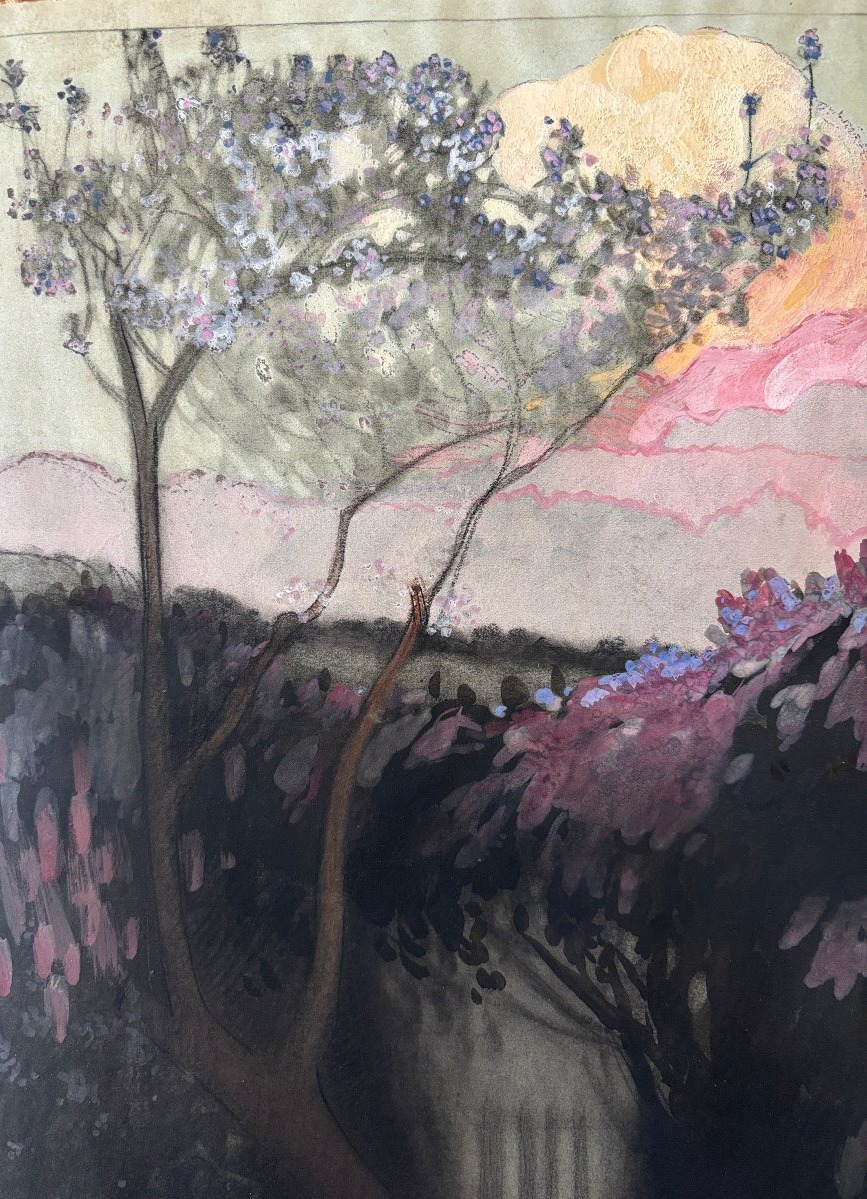 Louis Emile Blanchard dit Florane 1869-1939, Paysage à la barrière, technique mixte, dessin-photo-3