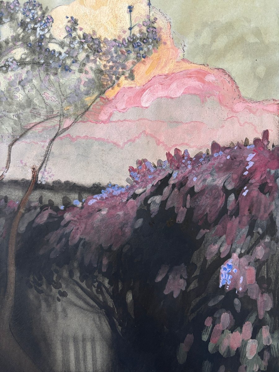 Louis Emile Blanchard dit Florane 1869-1939, Paysage à la barrière, technique mixte, dessin-photo-4