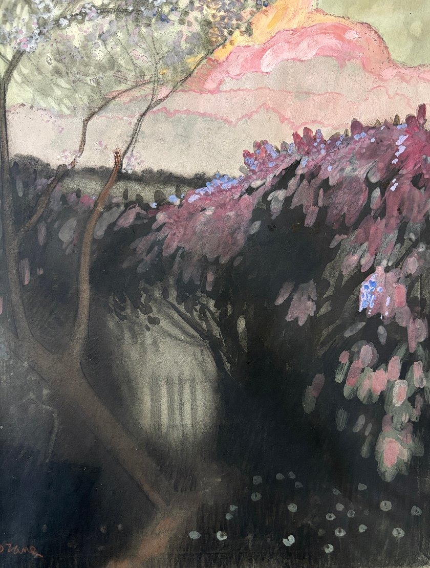 Louis Emile Blanchard dit Florane 1869-1939, Paysage à la barrière, technique mixte, dessin-photo-1