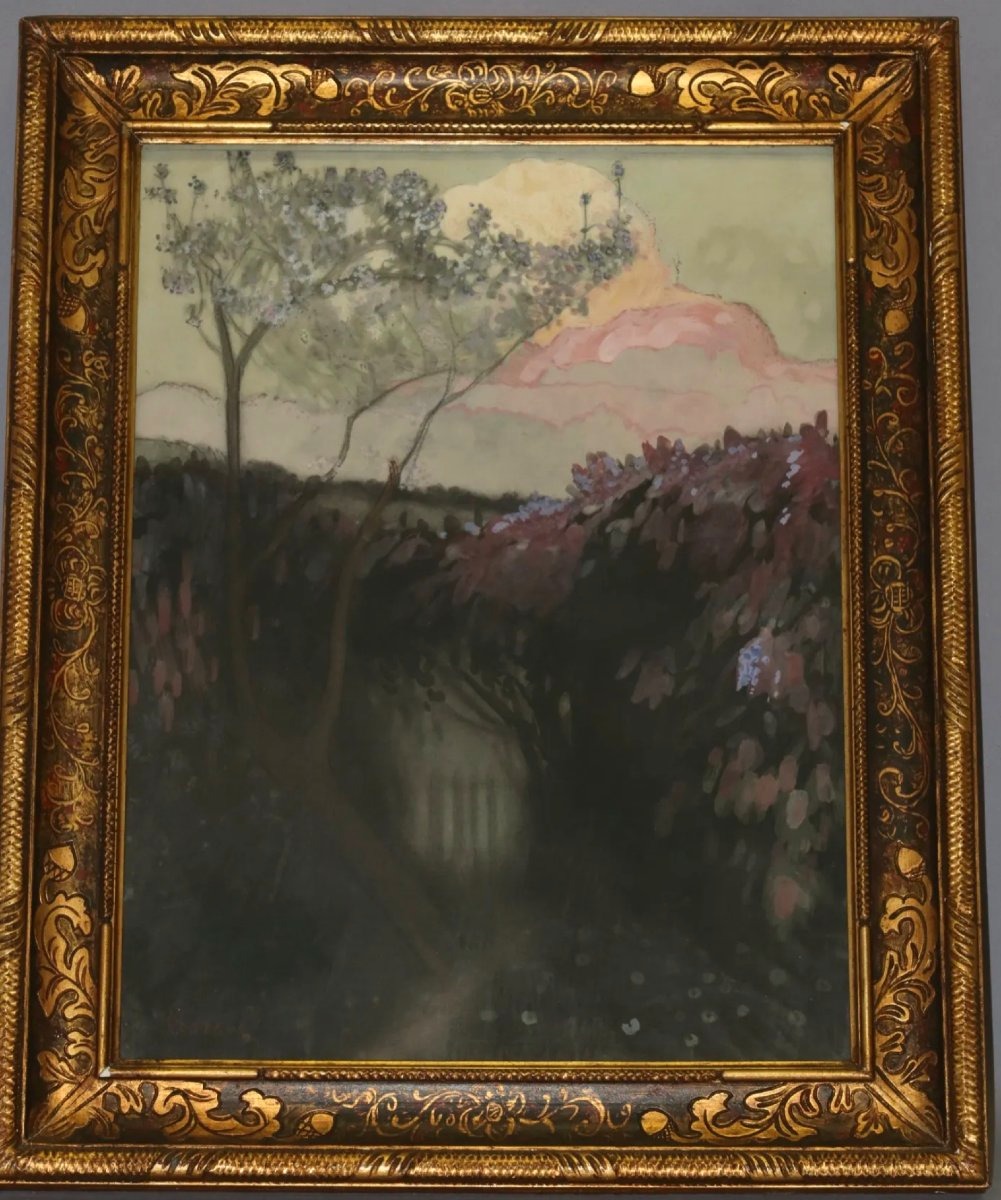 Louis Emile Blanchard dit Florane 1869-1939, Paysage à la barrière, technique mixte, dessin-photo-3