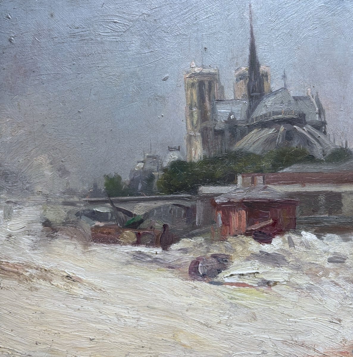 Ecole française début XXe siècle, Vue de Notre-Dame de Paris depuis les quais, huile sur carton-photo-3