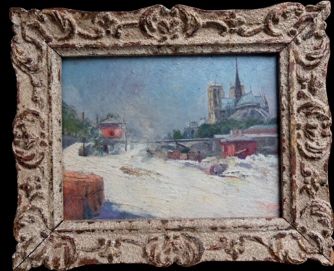 Ecole française début XXe siècle, Vue de Notre-Dame de Paris depuis les quais, huile sur carton