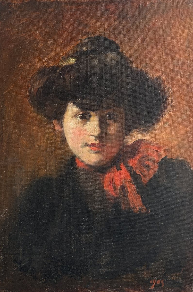 Ecole post-impressionniste, Portrait de jeune fille au ruban rouge, huile sur toile, 1905