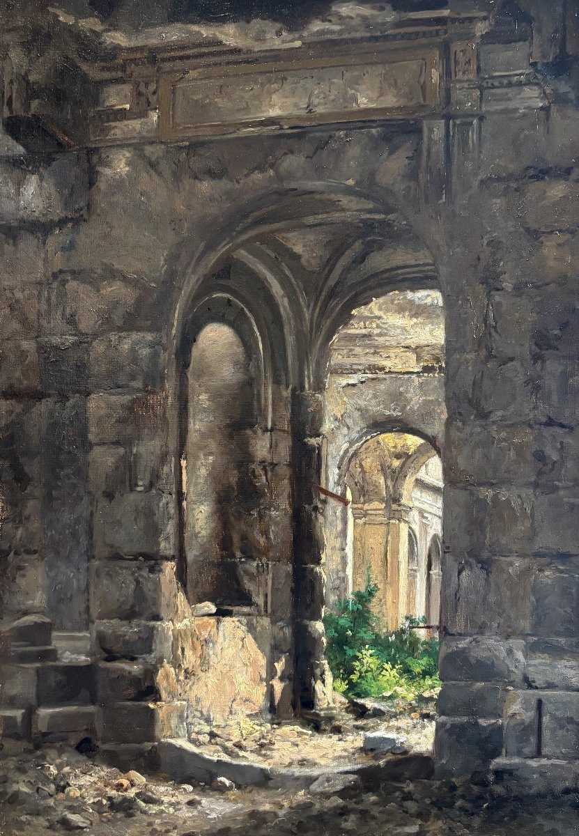 Ecole française vers 1880, Vue présumée des ruines de la Cour des Comptes à Paris, huile