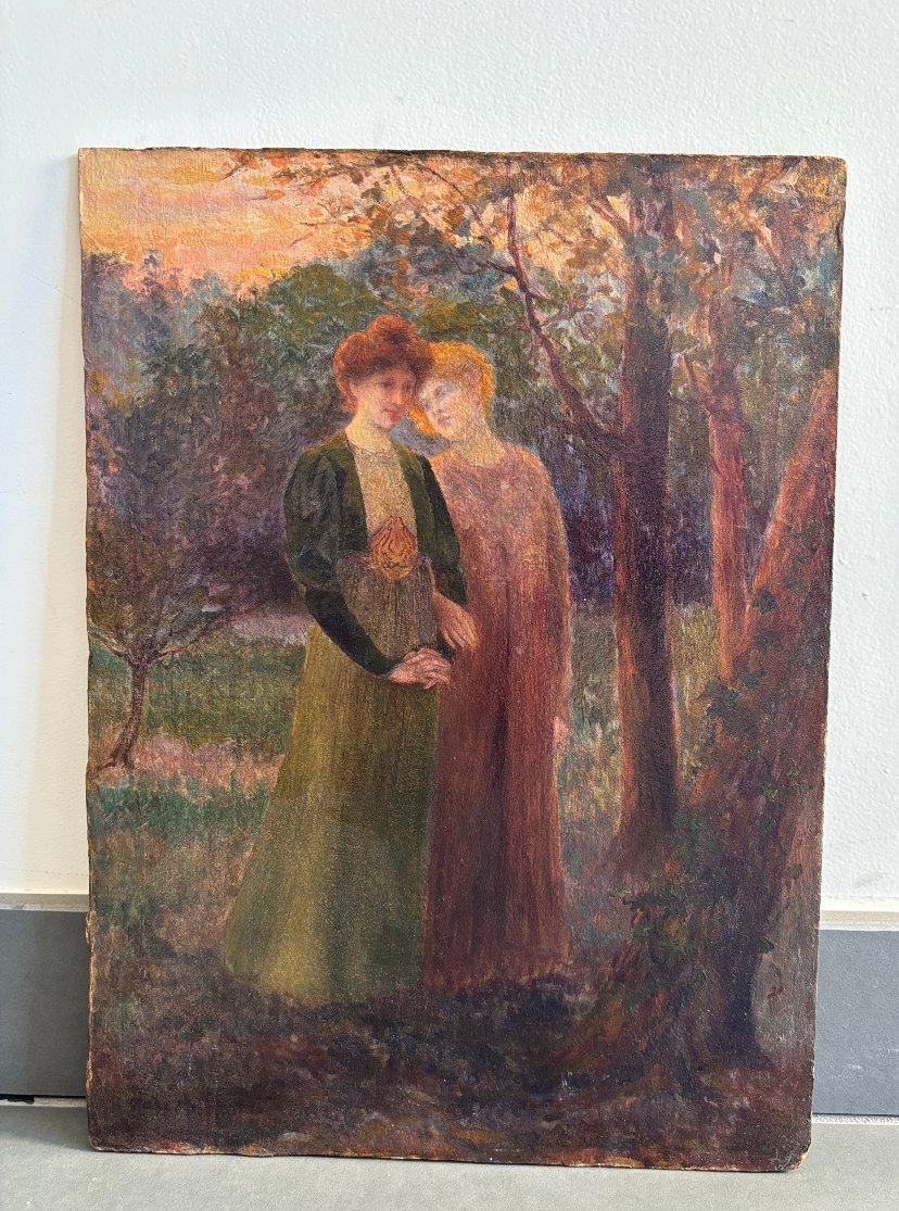André-Marc Antigna (1869-1941), Promenade d'Amies, Huile Sur Carton, Symbolisme-photo-3
