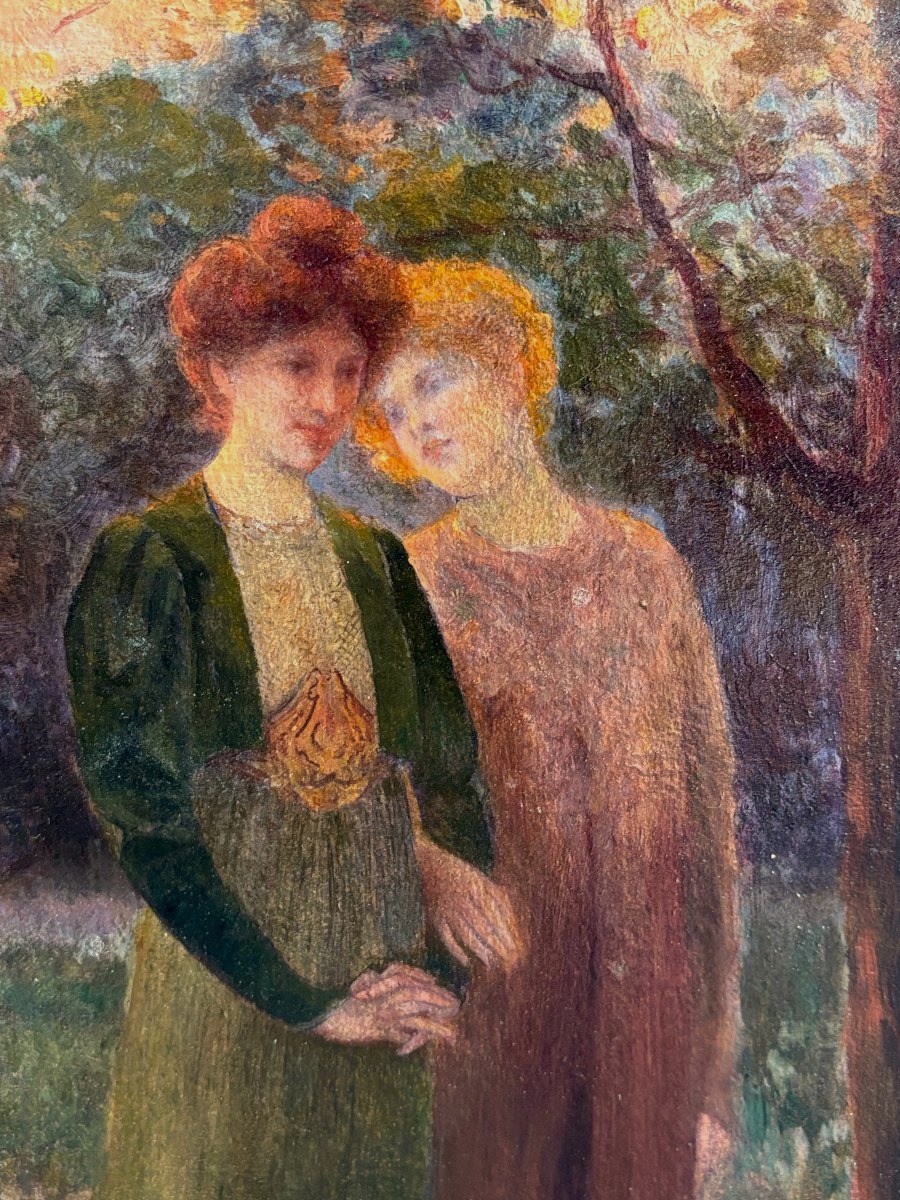 André-Marc Antigna (1869-1941), Promenade d'Amies, Huile Sur Carton, Symbolisme-photo-4