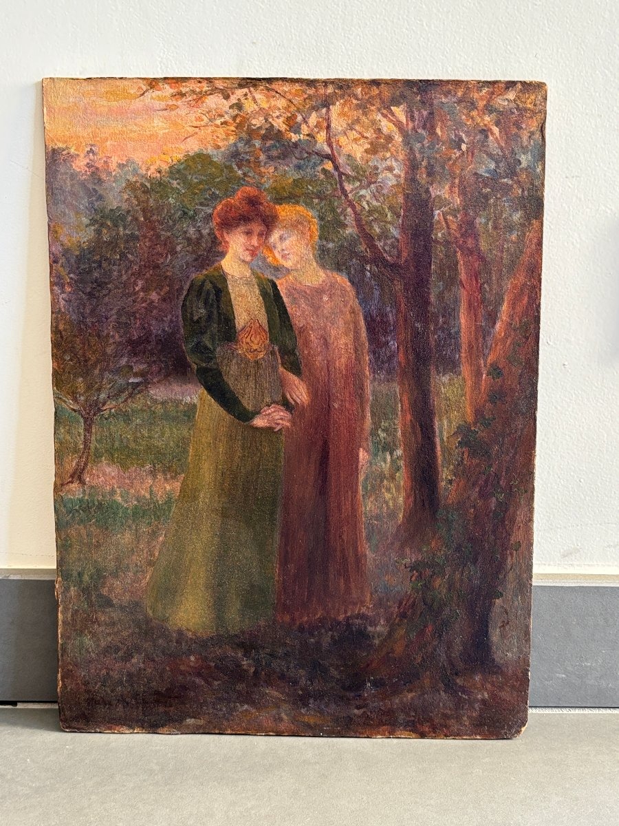 André-Marc Antigna (1869-1941), Promenade d'Amies, Huile Sur Carton, Symbolisme-photo-1