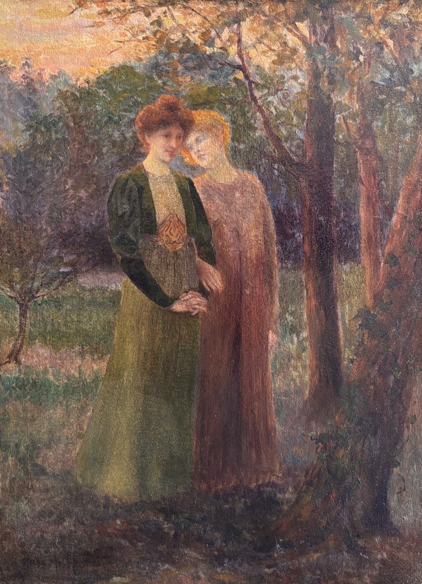 André-Marc Antigna (1869-1941), Promenade d'Amies, Huile Sur Carton, Symbolisme