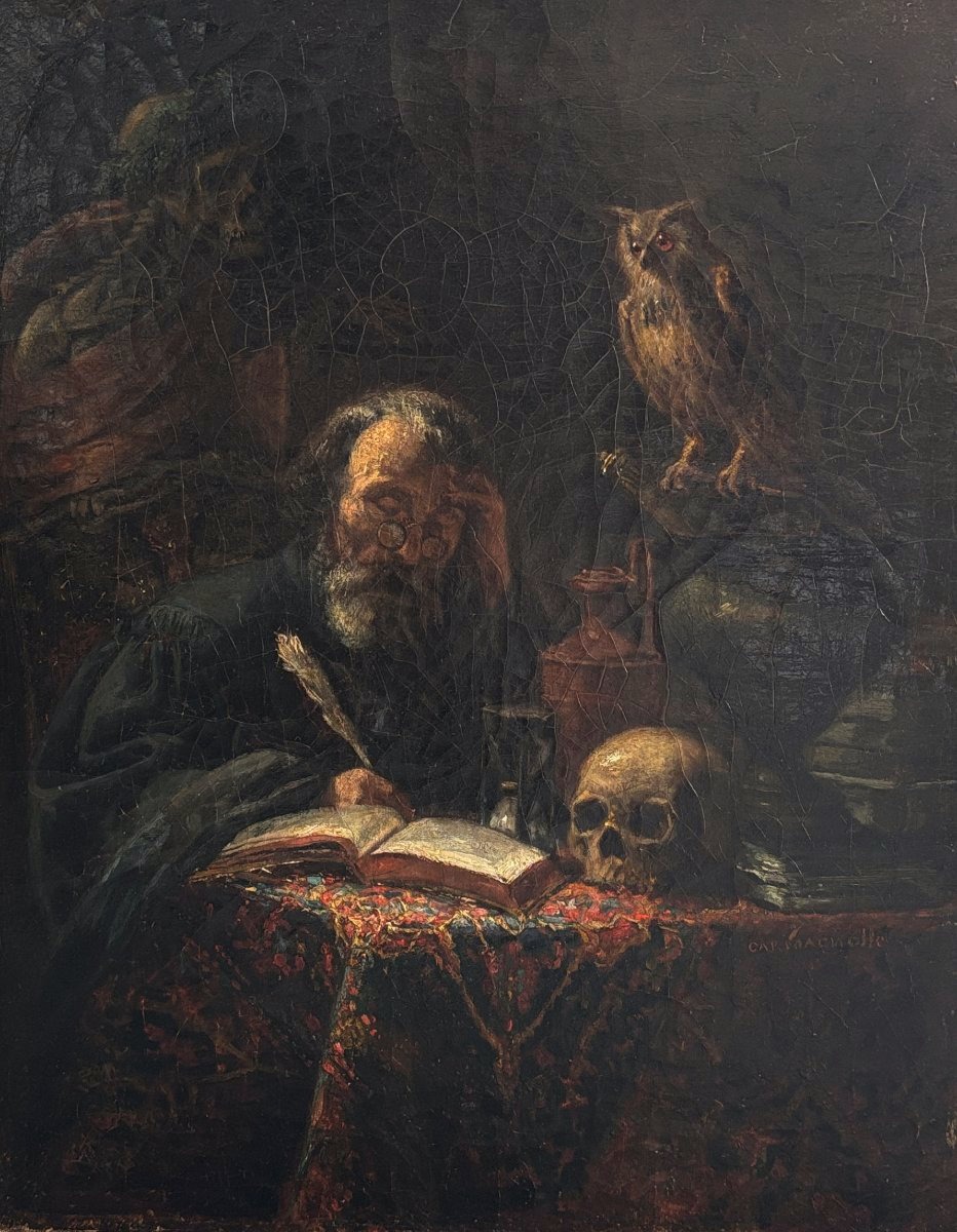 Ecole française du XIXe siècle, Vanité: le Philosophe et la mort ou la Carmagnolle, huile-photo-2
