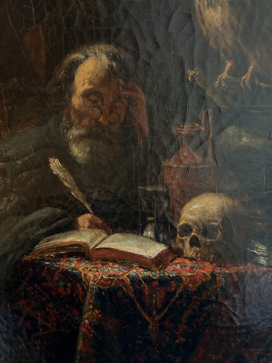 Ecole française du XIXe siècle, Vanité: le Philosophe et la mort ou la Carmagnolle, huile-photo-3