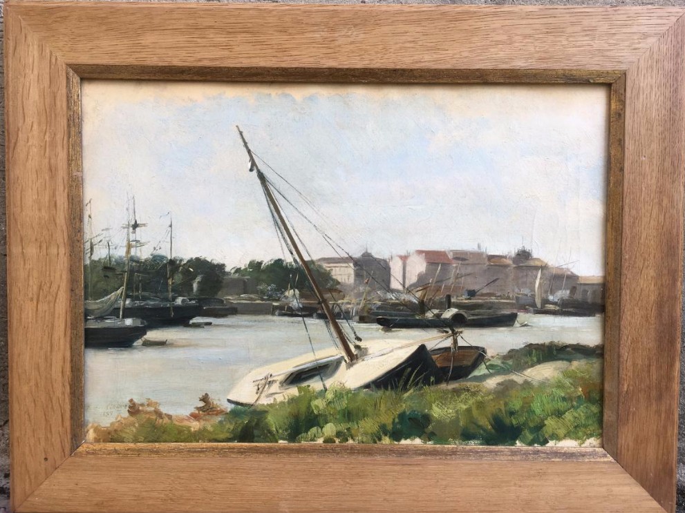 French School Late Nineteenth, Harbor Scene, Monogram Mb 1887-photo-2