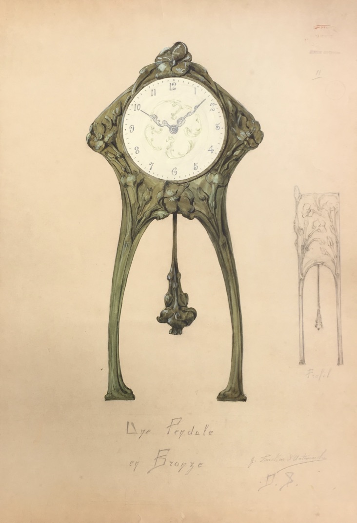Dessin Art Nouveau, G.fincken d'Autermarche, Pendule En Bronze, Ecole Nationale Arts Décoratifs
