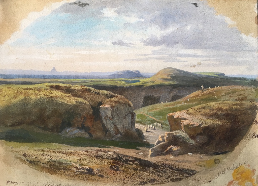 Del Mahudia (ecole Du XIXe Siècle), Paysage Au Berger Italien Dans Les Environs De Rome,gouache