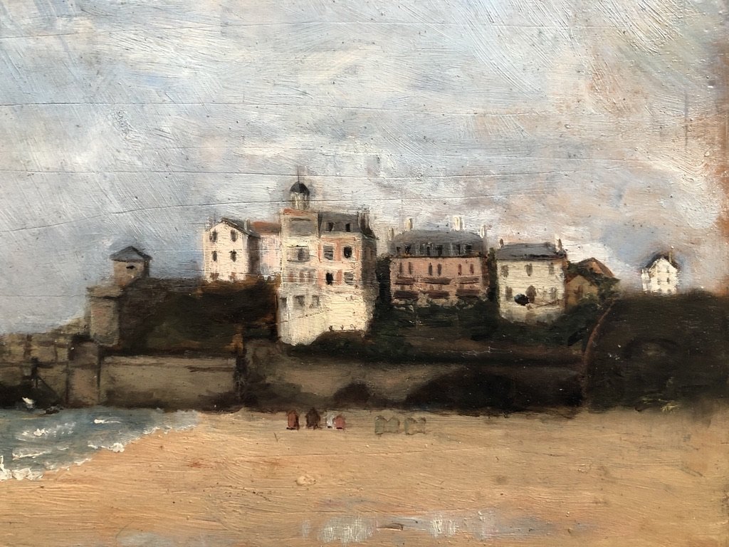 French School Around 1910, Seaside: Beach In Normandy? Oil On Panel-photo-3