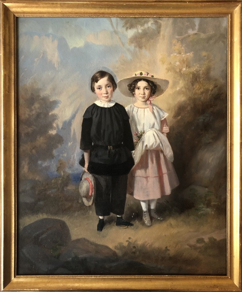 Ecole Française Ou Suisse Vers 1830, Portrait d'Enfants: Jenny Et Louis Fatio, Huile Sur Papier