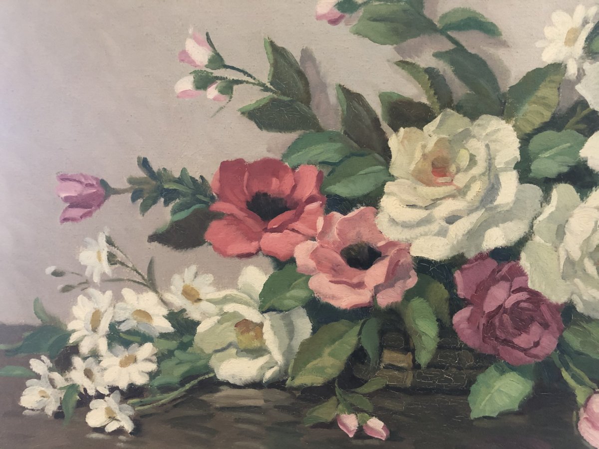 Paul Eschbach (1881-1961), Jeté De Fleurs, Roses, Marguerites Et Coquelicots, Huile Sur Toile-photo-2