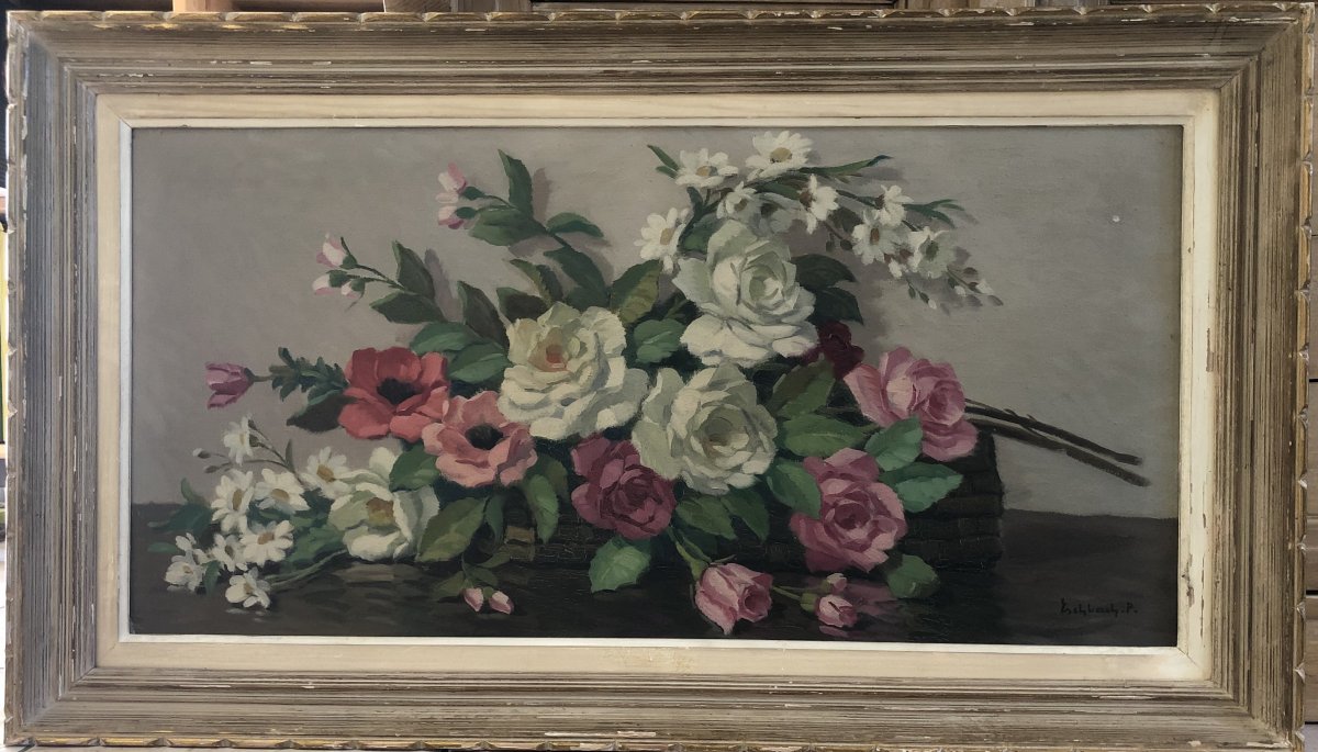 Paul Eschbach (1881-1961), Jeté De Fleurs, Roses, Marguerites Et Coquelicots, Huile Sur Toile-photo-4