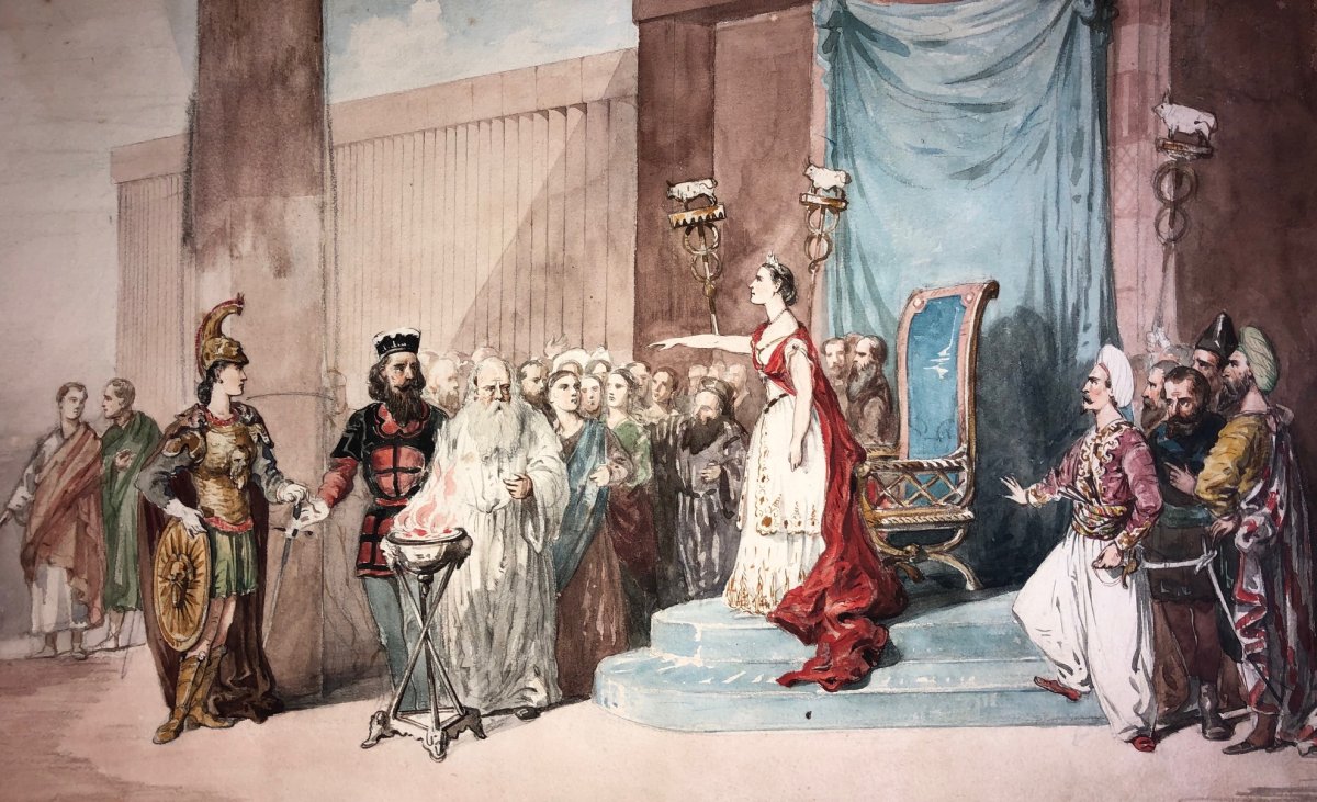 Charles Wilkinson (english 1830-1925), The Empress And Her Subjects Before The Oracle, Watercolor