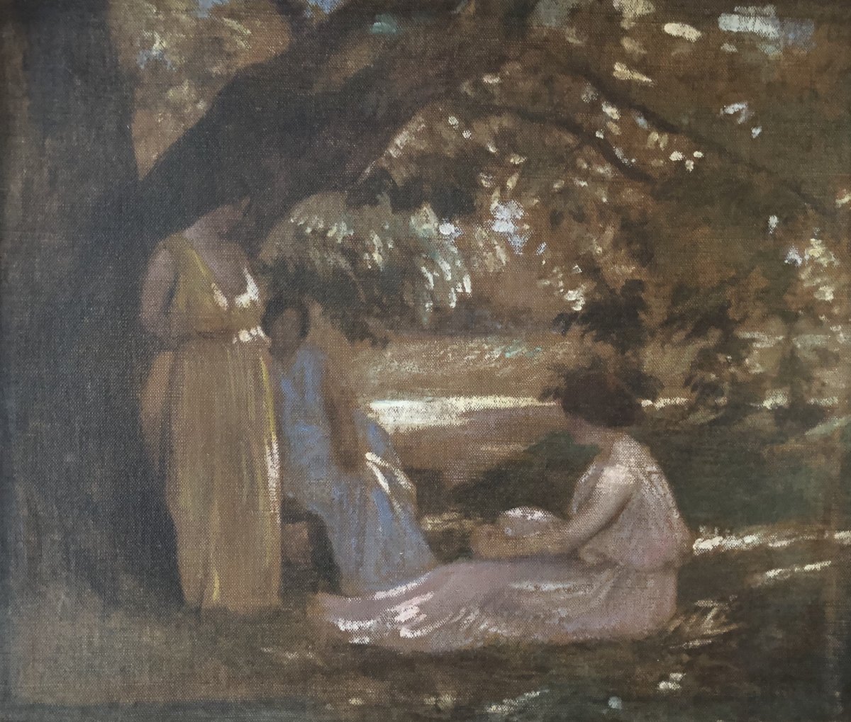 Ecole Symboliste Vers 1890, Trois Femmes Sous Un Arbre : La Discussion, Huile Sur Toile